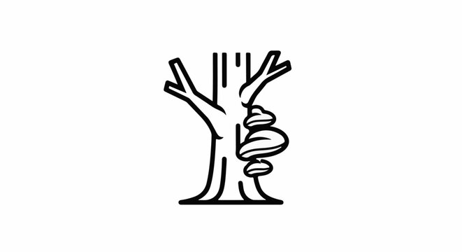 Stylized black and white illustration of a tree trunk with shelf fungi