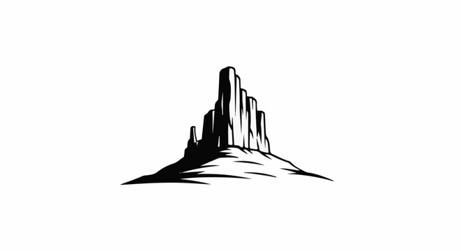 Stylized black and white illustration of a tall, jagged rock formation