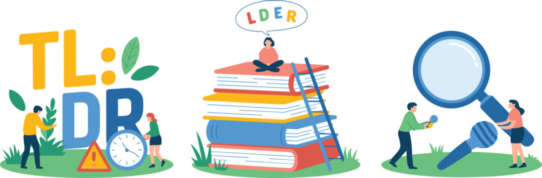 Vector illustration of TL;DR, learning, and research concepts with books, magnifying glass, and communication symbols