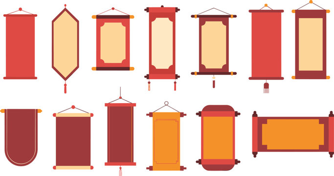 Vector illustration of traditional decorative hanging scrolls with tassels and cords for cultural and artistic themes
