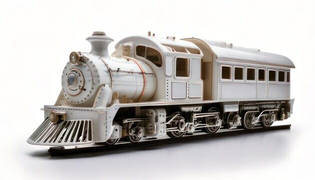 Detailed model of a classic silver steam train on a white surface, isolated.