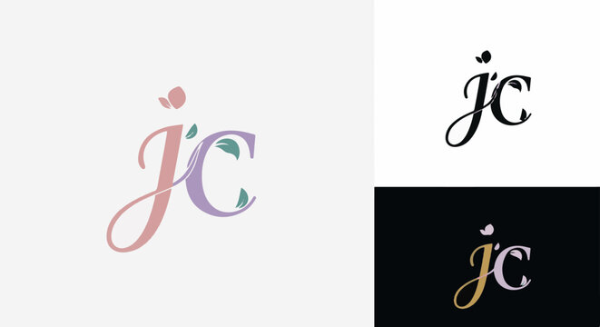 Stylized monogram "jc" with floral accents in pastel and dark tones