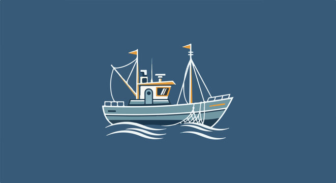Stylized fishing trawler with nets on choppy blue waters