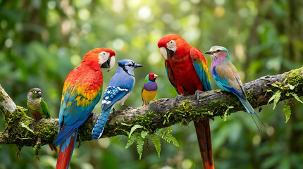Obraz premium A vibrant flock of exotic tropical birds resting on a mossy tree limb within a lush emerald jungle environment, showcasing brilliant feathers and avian diversity in nature.