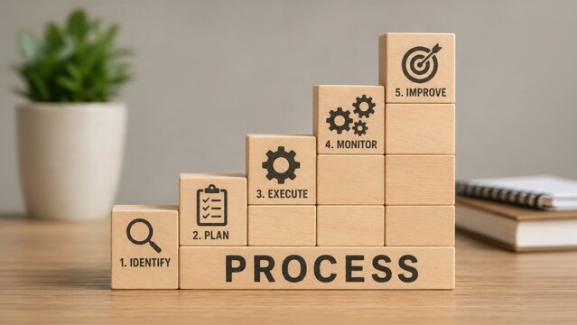 Wooden blocks illustrating a 5-step business process: Identify, Plan, Execute, Monitor, and Improve. A conceptual image for strategy, management, and continuous improvement.