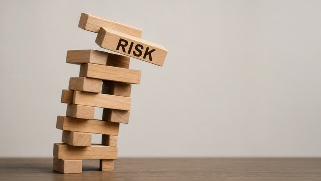 A teetering tower of wooden blocks on the verge of collapse. The falling top block, labeled "RISK," symbolizes danger, financial crisis, and instability.