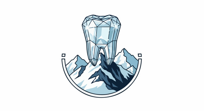 Stylized diamond tooth atop snow-capped mountains within a semi-circular frame