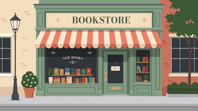 Vintage bookstore storefront exterior with classic green facade and display window vector illustration.