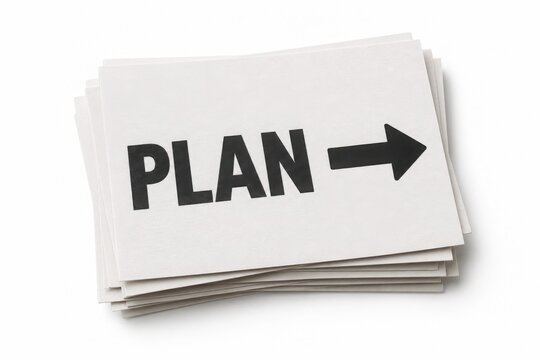 A stack of white cards with the word PLAN in black, followed by an arrow pointing forward. The image symbolizes strategy, direction, and future goals.