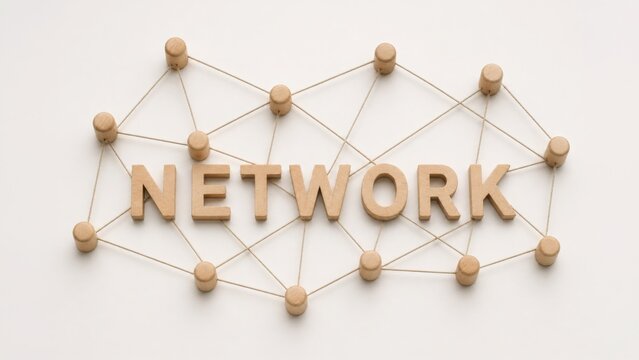 The word NETWORK in wooden letters, surrounded by a web of interconnected nodes, symbolizing connection, communication, and relationships on a white background.