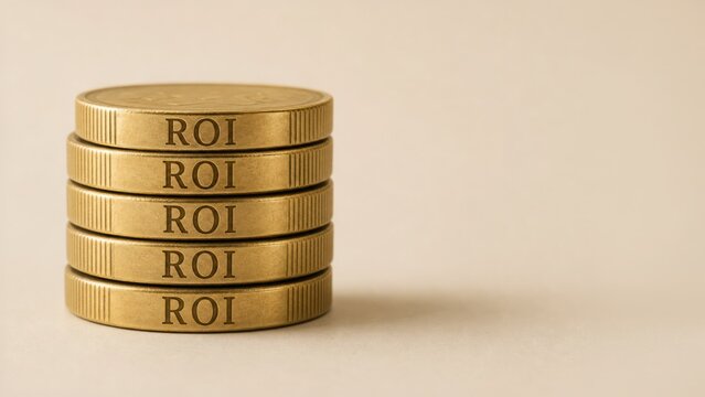A stack of golden coins with 'ROI' engraved on the edges, symbolizing return on investment, profit, and financial growth.