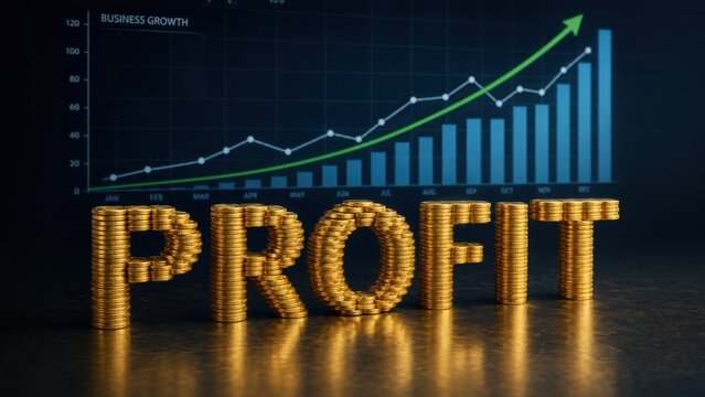Golden coins spelling PROFIT sit before a rising business growth chart, symbolizing financial success, investment returns, and increasing earnings.