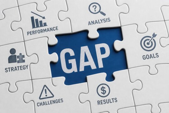 A conceptual image of a jigsaw puzzle with business terms. A missing central piece reveals the word "GAP", illustrating the concept of gap analysis.