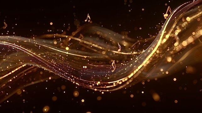 Golden music notes flowing through elegant shimmering waves