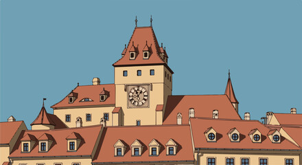 Obraz premium Stylized historic building facade with prominent clock tower and terracotta roofs