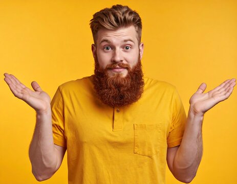 Man shrugs with confused expression on yellow background