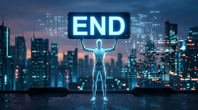 Futuristic robotic hand holding a glowing digital placard with the word end symbolizing artificial intelligence technology disruption and dramatic global transformation in the modern era.
