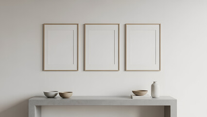 Fototapeta premium three empty gold picture frames on minimalist white wall above modern console table