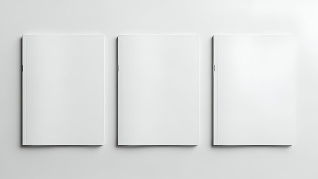 three blank white notepads on light gray background minimalist office setup