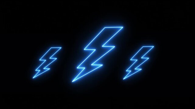 Glowing blue neon lightning bolt pulsing on black background for digital energy concept and electric power motion featuring vibrant electric discharge symbols