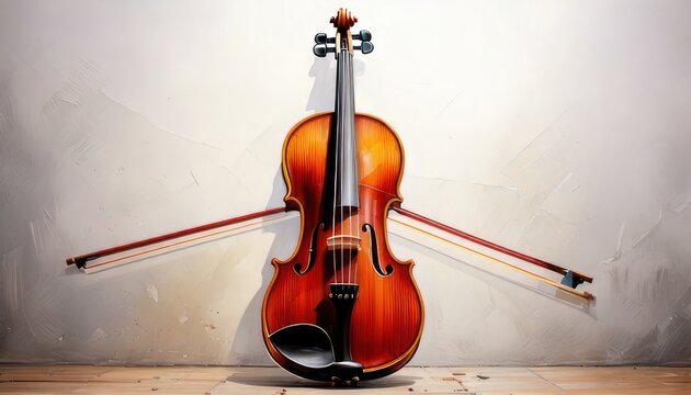 Elegant Violin and Bow Resting Against a Textured Wall.