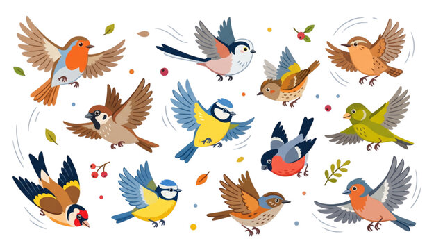 Happy Garden Birds In Flight Motion Cartoon Vector Illustration Set