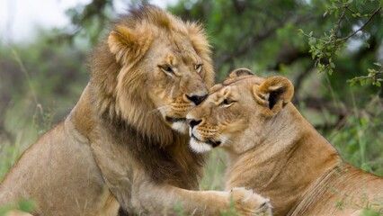 Obraz premium Lion and lioness nuzzling while resting in bush vegetation
