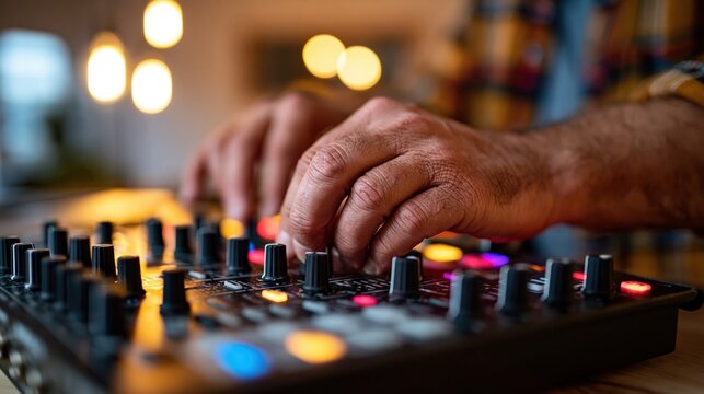 Hands adjusting knobs on DJ controller in studio with blurred lights