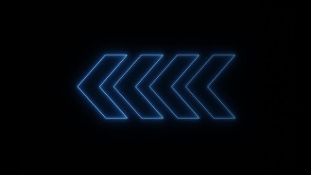 Glowing blue neon double arrow pointing left isolated on black background digital interface for navigation and user experience motion asset for web