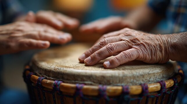 Hands playing a simple rhythm on a frame drum with wooden rim