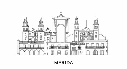 Obraz premium Stylized line drawing of a city skyline with prominent arches, domes, and towers