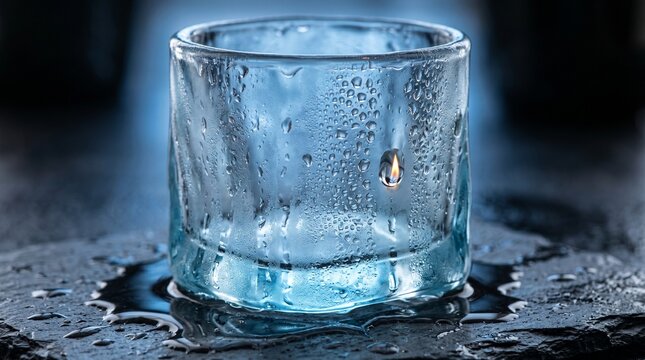 A glass cup that looks like an ice cube carved into a cup shape (melting, wet, cold)