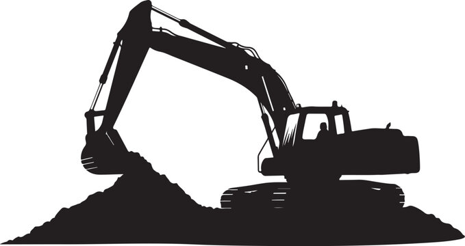 Black silhouette excavator digging pile of dirt digger