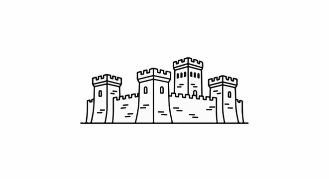 Stylized line drawing of a fortified castle with crenellated towers and walls