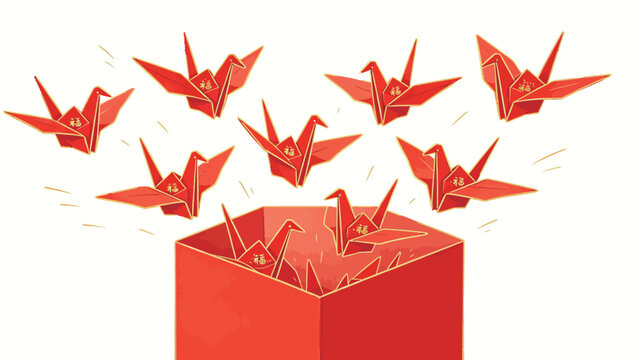 Festive traditional Chinese themed illustration of gold-outlined red origami cranes bearing blessing characters, flying outward from an open hexagonal red box on a clean plain white background