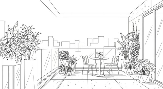 Modern balcony line art with plants and city skyline view