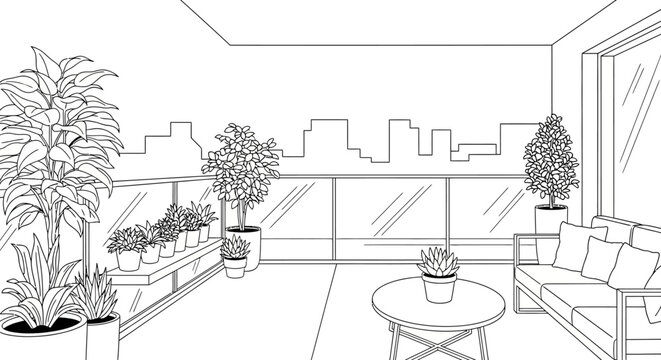 Modern balcony with plants and city skyline line art illustration