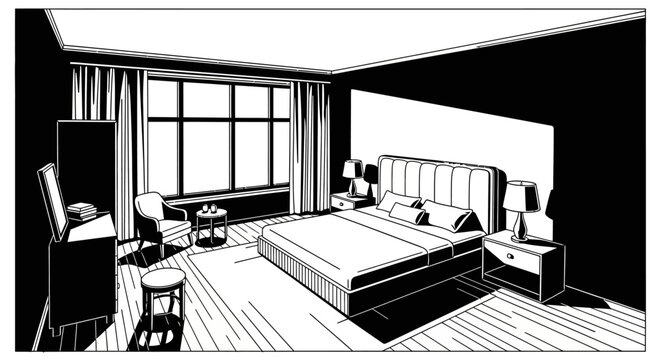 Modern bedroom interior in monochrome comic book style