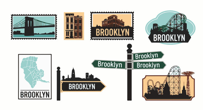 Stylized Brooklyn landmarks and map icons, including bridges, buildings, and roller coasters