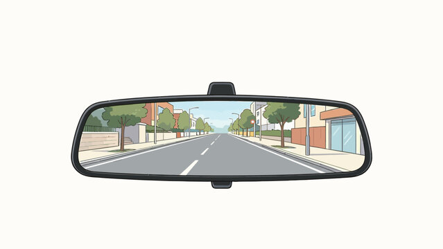 Minimalist Soft Color Cartoon Illustration of Automotive Rearview Mirror Isolated On White, Reflecting Empty Straight Residential Street Lined With Trees And Low Buildings