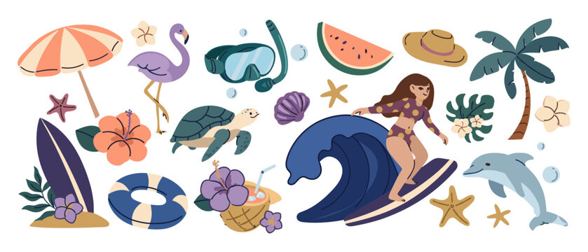 Surfing and beach elements with surfer girl and dolphin snorkel mask tropical flowers palm tree inflatable ring straw hat hand drawn elements surfboard flamingo umbrella seashell starfish