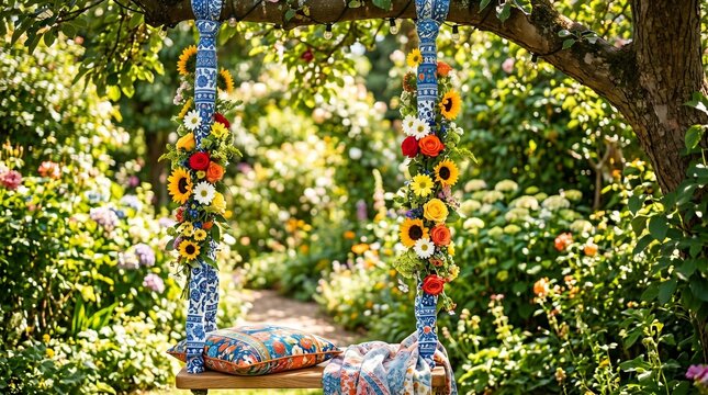 Decorative floral swing adorned with flowers for summer holiday celebration