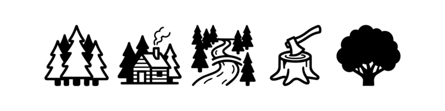 Set of Black and White Forest and Woodcutting Icons Featuring Pine Trees, Log Cabin, Winding River, Axe in Stump, and Deciduous Tree Isolated on White Background