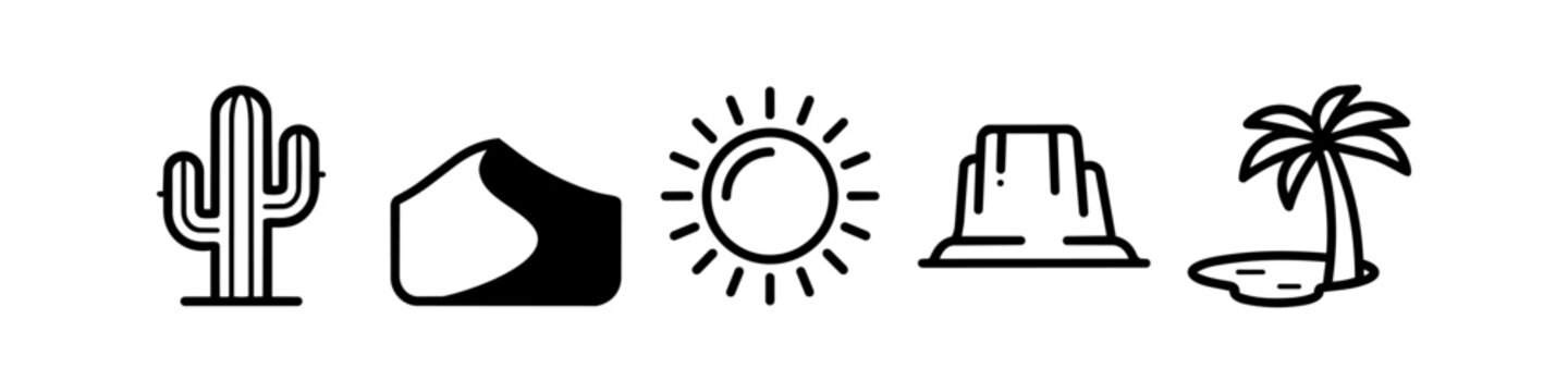 Desert Landscape Icon Set: Minimalist Vector Illustration of Saguaro Cactus, Sand Dune, Hot Sun, Mesa Rock Formation, and Palm Tree Oasis