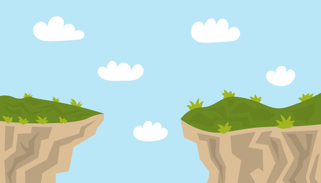Flat cartoon landscape of two grassy cliffs facing each other under a blue sky. This scene represents high altitudes, adventure, and bridgeable gaps for game backgrounds and web design.