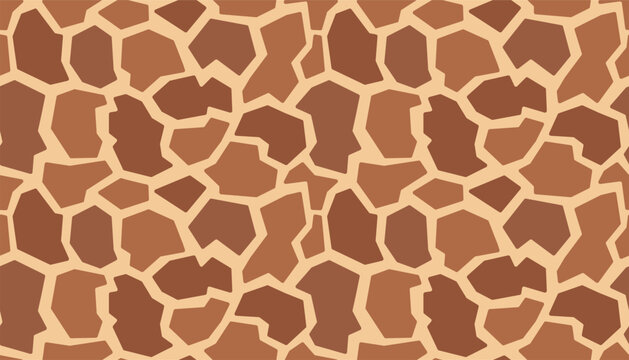 Brown giraffe animal print seamless pattern on a beige background. This texture replicates wild safari fur for use in exotic fashion textiles, wildlife educational materials.