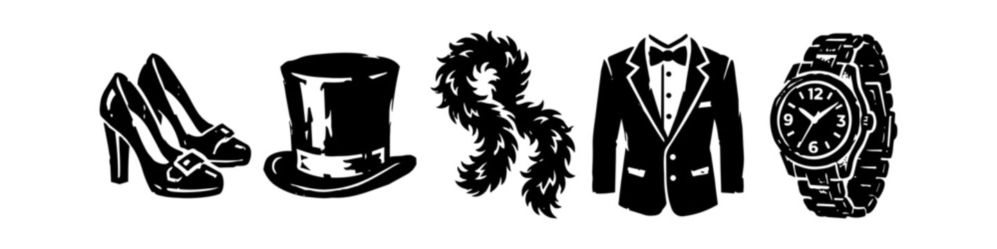 Set of Formal Fashion Accessories Icons Featuring Tuxedo, Top Hat, High Heel Shoes, Feather Boa, and Wristwatch Black and White Illustration