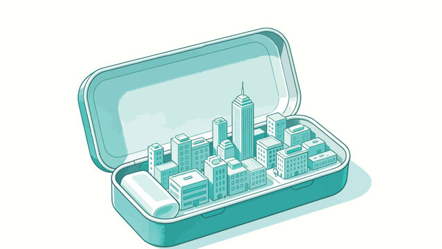 Whimsical Surreal Isometric Illustration of a Tiny Miniature Urban Cityscape Nestled Inside an Open Hard-Shell Pencil Case, Soft Monochrome Teal Palette