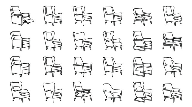 Armchair outline icon set. Linear chairs collection.Collection of various  chair designs.Scandinavian armchairs sketches. Vector illustration isolated on white background. 
