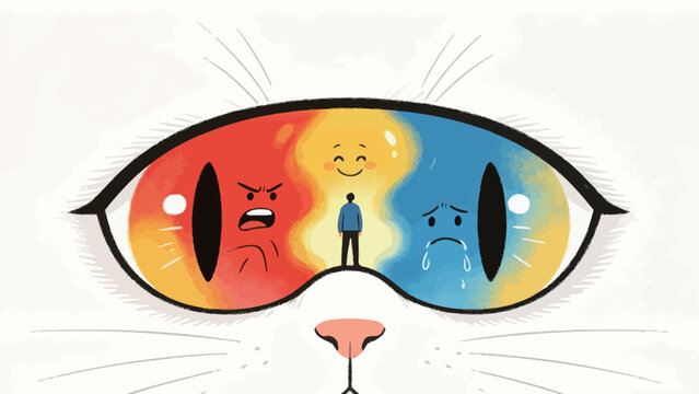 Conceptual Minimalist Illustration: Close-Up of a White Cat's Face, Dual Eyes Depicting Anger, Joy, Sadness, Tiny Human On Nose Bridge At Emotional Center